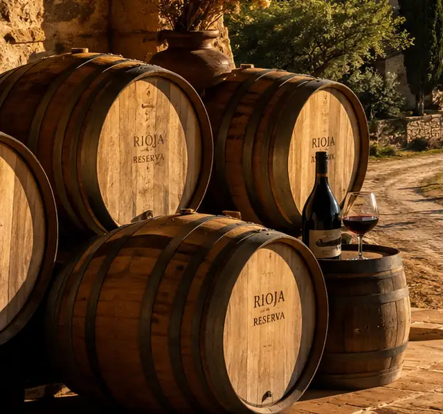 Barricas de carvalho de Rioja Reserva empilhadas ao sol, com uma taça de tinto ao lado